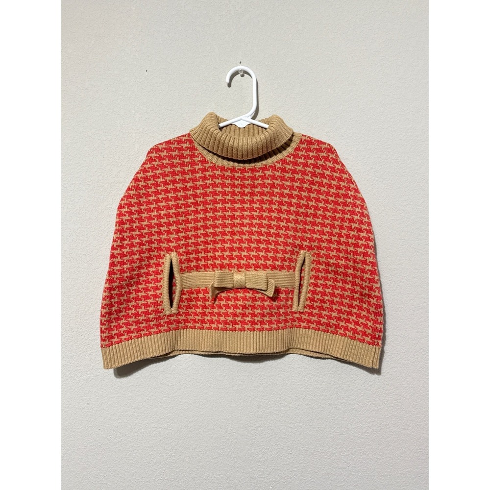 Janie and Jack Poncho Sweater Toddler 18-24‎ Months Red Tan Houndstooth Bow Cape